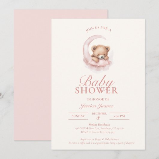 Pink Sleepy Teddy Bear Baby shower Uitnodiging (Voorkant / Achterkant)