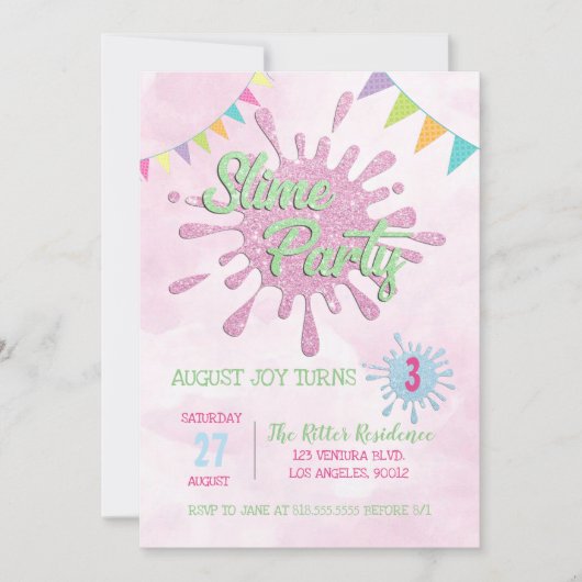 PINK SLIME BIRTHDAY ARTIJ INVITATIE KAART (Voorkant)