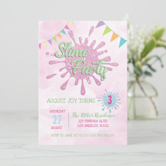 PINK SLIME BIRTHDAY ARTIJ INVITATIE KAART (Staand voorkant)
