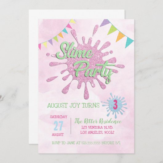 PINK SLIME BIRTHDAY ARTIJ INVITATIE KAART (Voorkant / Achterkant)