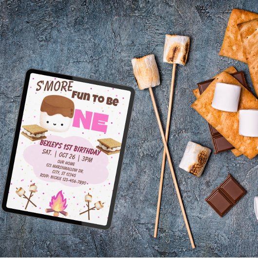 Pink, S'more Fun to be One, 1st Birthday Kaart
