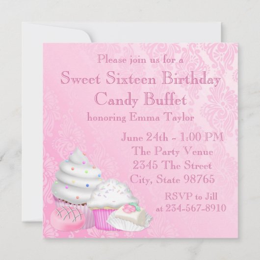 Pink Snoep Buffet Party Kaart (Achterkant)