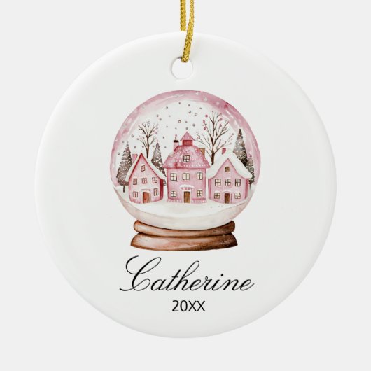 Pink Snow Globe Christmas Cozy Town Custom Name Keramisch Ornament (Voorkant)