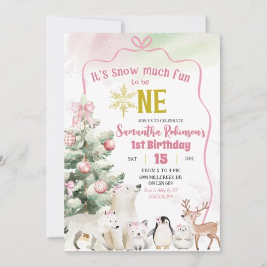 Pink Snow Much Fun to be One Girl 1st Birthday Kaart (Voorkant)