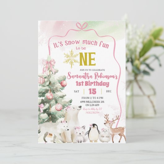Pink Snow Much Fun to be One Girl 1st Birthday Kaart (Staand voorkant)