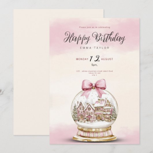  pink snowball birthday invitation kaart (Voorkant / Achterkant)