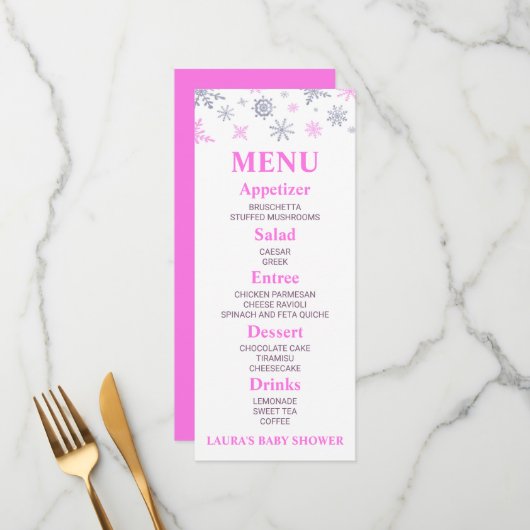 Pink Snowflake Baby shower menu (Voorkant / Achterkant in situ)