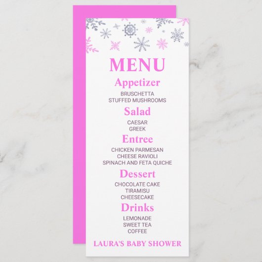 Pink Snowflake Baby shower menu (Voorkant / Achterkant)