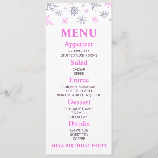 Pink Snowflake Birthday Party Food Menu (Voorkant)