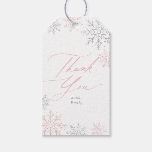 Pink Snowflake Glitter Birthday Cadeaulabel (Voorkant)