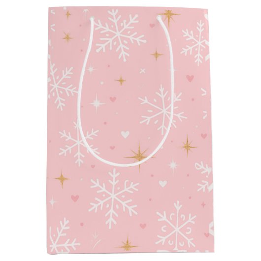 Pink Snowflake & Gold Sparkle Christmas Gift Bag  Medium Cadeauzakje (Voorkant)