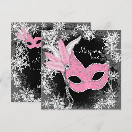 Pink Snowflake Masquerade Party Kaart (Voorkant / Achterkant)