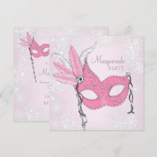 Pink Snowflake Masquerade Party Kaart (Voorkant / Achterkant)
