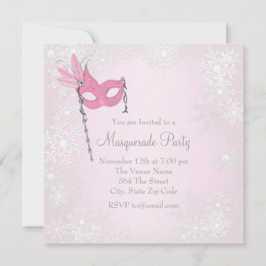 Pink Snowflake Masquerade Party Kaart (Achterkant)