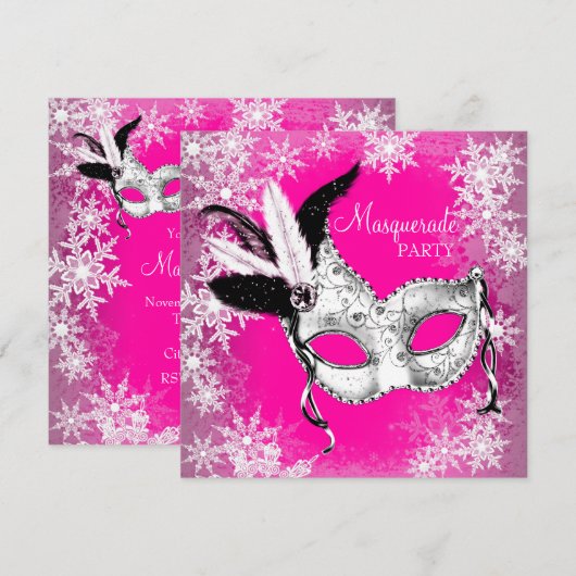 Pink Snowflake Masquerade Party Kaart (Voorkant / Achterkant)