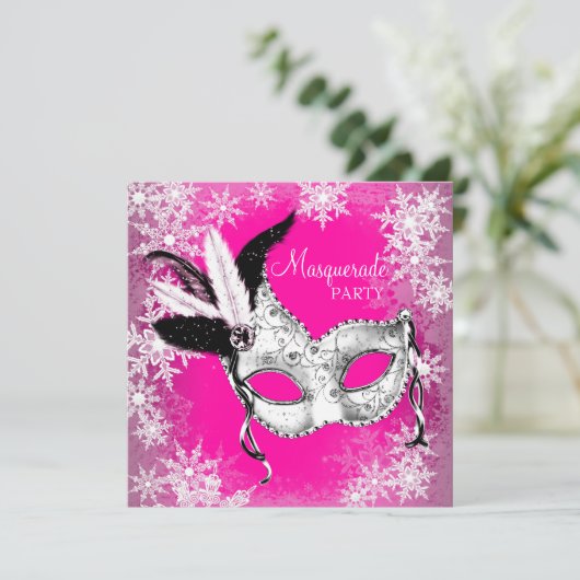 Pink Snowflake Masquerade Party Kaart (Staand voorkant)