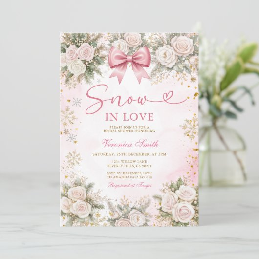 Pink Snowflake Snow in Love Winter Bridal Shower Kaart (Staand voorkant)