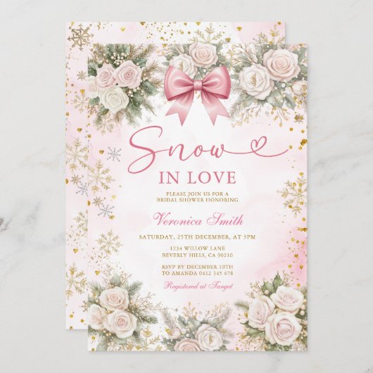 Pink Snowflake Snow in Love Winter Bridal Shower Kaart (Voorkant / Achterkant)