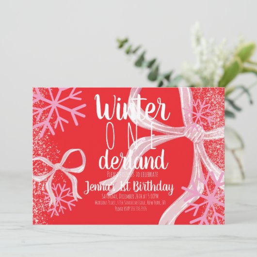 Pink Snowflake Snowy Script First Birthday Bow Kaart (Staand voorkant)