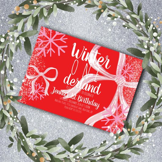 Pink Snowflake Snowy Script First Birthday Bow Kaart