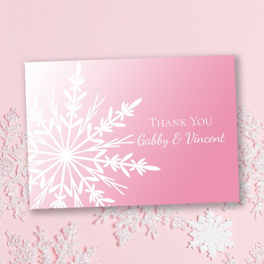 Pink Snowflake Winter Weddenschap Platte Dank je Kaart