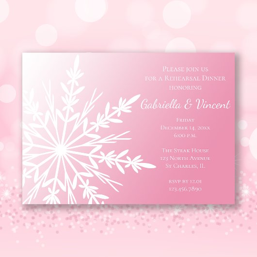 Pink Snowflake Winter Wedding Rehearsal Dinner Kaart