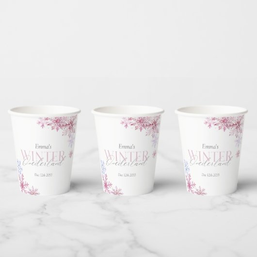 Pink Snowflake Winter Wonderland First Birthday Papieren Bekers (Multi)