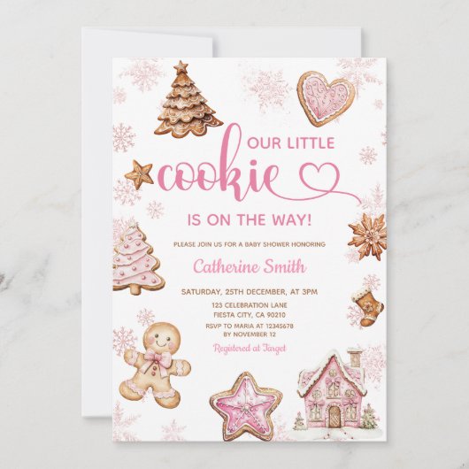 Pink Snowflakes Gingerbread Christmas Baby Shower Kaart (Voorkant)