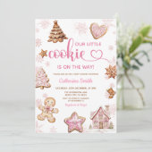 Pink Snowflakes Gingerbread Christmas Baby Shower Kaart (Staand voorkant)