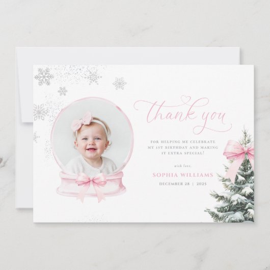 Pink Snowglobe Winter Onederland First Birthday Th Bedankkaart (Voorkant)