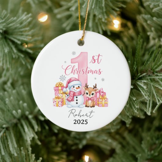 Pink Snowman Baby eerste kerstdag Keramisch Ornament (Boom)