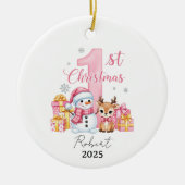 Pink Snowman Baby eerste kerstdag Keramisch Ornament (Voorkant)