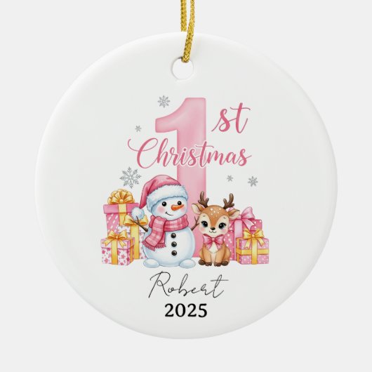 Pink Snowman Baby eerste kerstdag Keramisch Ornament (Voorkant)
