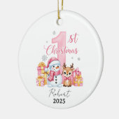 Pink Snowman Baby eerste kerstdag Keramisch Ornament (Links)