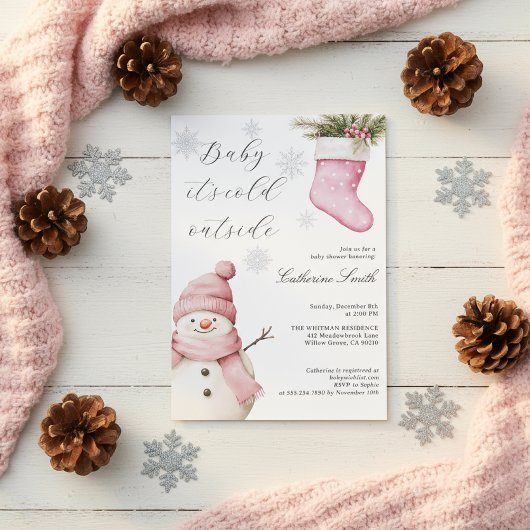 Pink Snowman “Baby It’s Cold Outside” Baby Shower Kaart