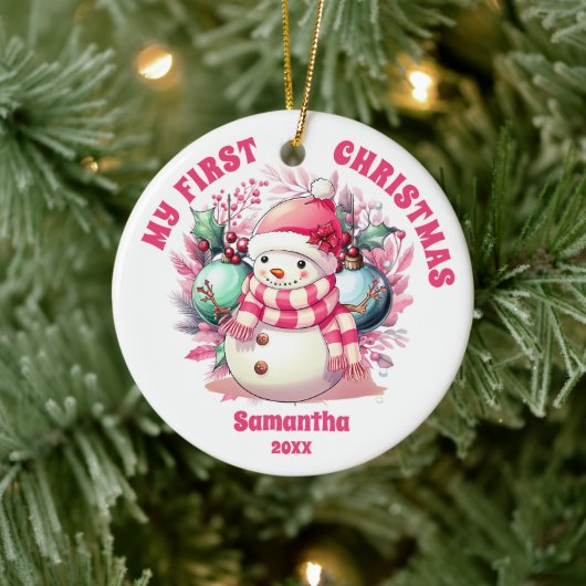 Pink Snowman Baby's eerste kerst Ornament (Boom)