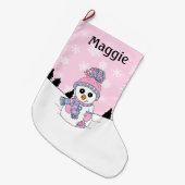 Pink Snowman en sneeuwvlokken gepersonaliseerd Grote Kerstsok (Voorkant (Hangend))