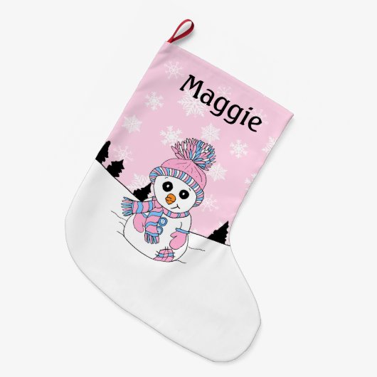 Pink Snowman en sneeuwvlokken gepersonaliseerd Grote Kerstsok (Voorkant (Hangend))