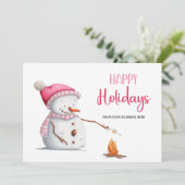 Pink Snowman Marshmallows Happy Holidays Business Feestdagenkaart (Staand voorkant)