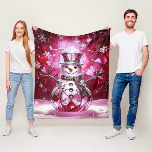 Pink Snowman Snowflakes Fleece Blanket (In situ)