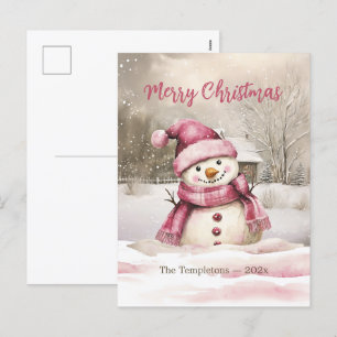 Pink Snowman Vintage Christmas Briefkaart