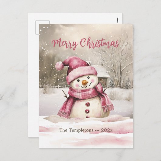 Pink Snowman Vintage Christmas Briefkaart (Voorkant / Achterkant)