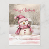 Pink Snowman Vintage Christmas Briefkaart (Voorkant)