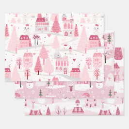 Pink Snowy Village Inpakpapier Vel