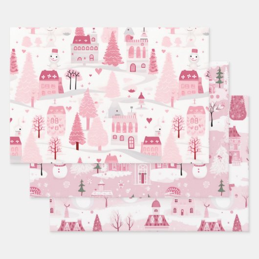 Pink Snowy Village Inpakpapier Vel (Set)