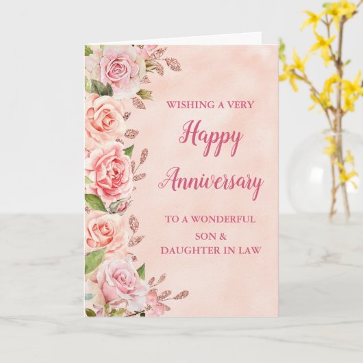 Pink Son & Daughter in Law Wedding Jubileum Kaart (Gele Bloem)
