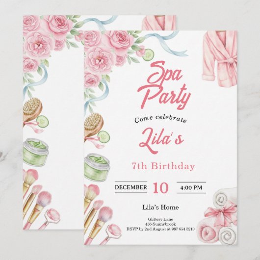 Pink Spa Party Invitation for Girl's 7th Birthday Kaart (Voorkant / Achterkant)