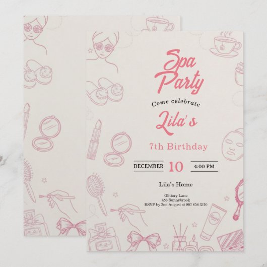 Pink Spa Party Invitation for Girl's 7th Birthday Kaart (Voorkant / Achterkant)