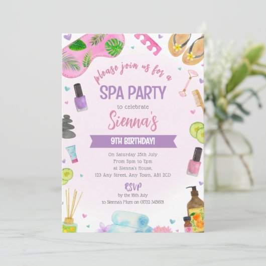 Pink Spa Party Verjaardag Uitnodiging Pamper & Rel (Staand voorkant)