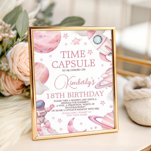 Pink Space 1st Birthday Time Capsule Sign Reclamebord Met Voetstuk